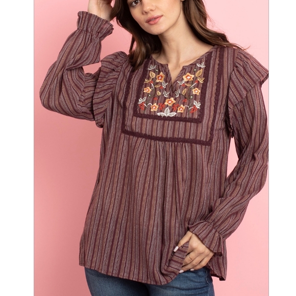 LLOVE Boho Chic Burgundy Striped Embroidered Top - Picture 6 of 9